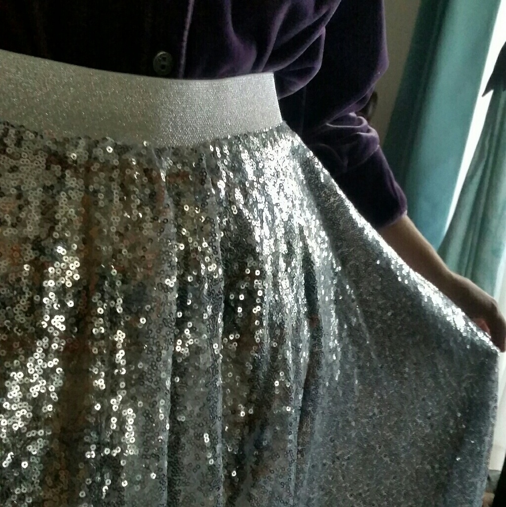 Ladies Silver Sequin Ball Gown Skirt - Picture 3 of 11